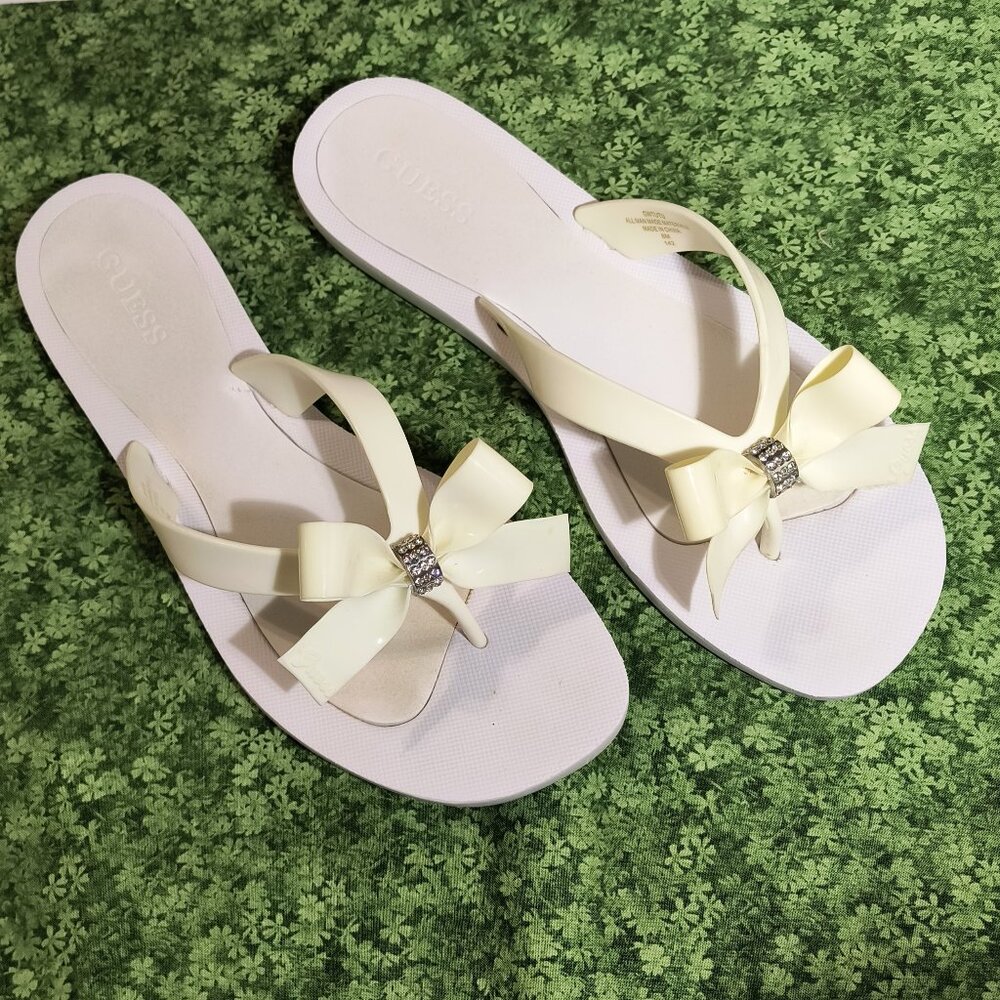 Guess Tutu Bow Detail Flip-Flops White Jelly Style Thong Toe Size 39/8 US